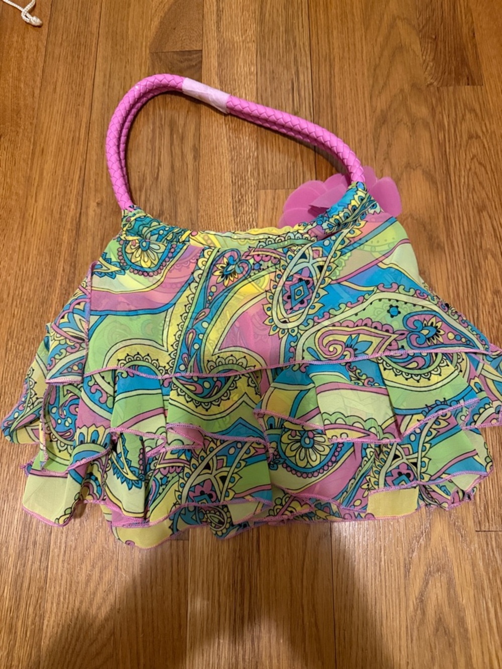 Colorful Paisley Ruffled Tote with Pink Flower Accent - Picture 2 of 3